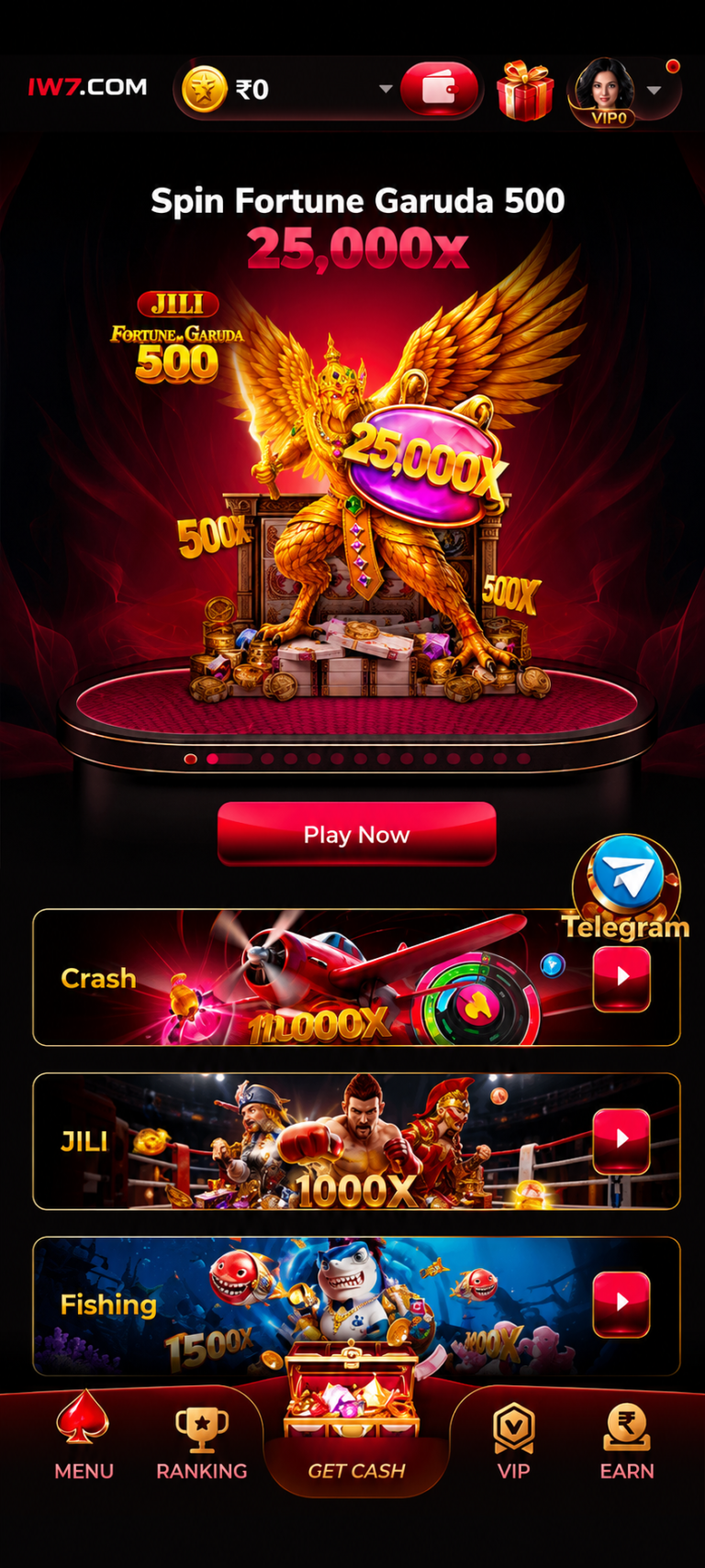 Iw7 Game app home screen featuring Crash, JILI, Fishing, Evolution, KoolBet, iNOUT, Casino, and Slots games with jackpot rewards.