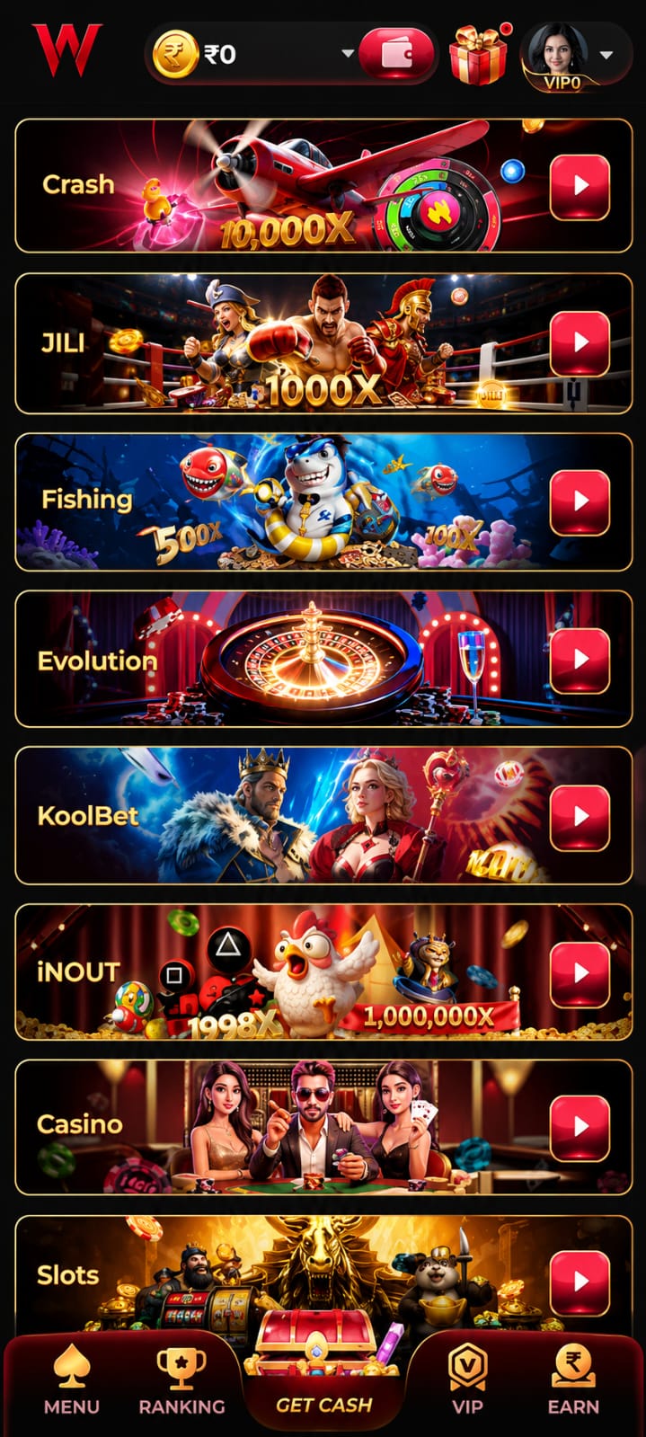 IW7 Game app lobby with Crash, JILI, Fishing, Evolution, KoolBet, Casino and Slots categories